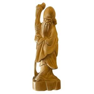 12" Wooden Vintage Asian Statue of ShouXing the Taoist Buddhist God of Longevity
